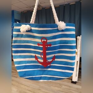 Nautical Striped Tote Bag with Red Anchor